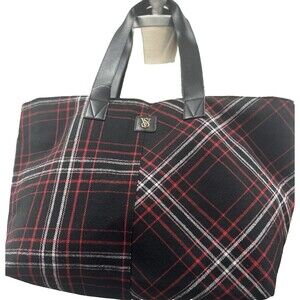Victorias Secret Flannel Tote Bag Weekender Red Black Plaid Large Travel Bag New